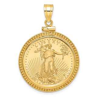 14k Yellow Gold Polished and Beaded Mounted 1/4oz American Eagle Screw Top Coin Bezel Pendant