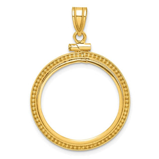 10k Yellow Gold Polished and Beaded 22.0mm x 1.9mm Screw Top Coin Bezel Pendant - Fits 1/4 oz American Eagle and Other Coins