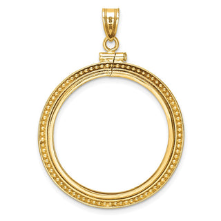 14k Yellow Gold Polished Beaded 27mm Screw Top Coin Bezel Pendant - Fits 1/2 oz American Eagle, US $10 Liberty, and Other Coins