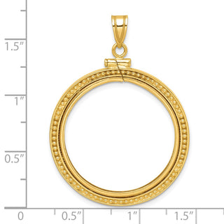 14k Yellow Gold Polished Beaded 27mm Screw Top Coin Bezel Pendant - Fits 1/2 oz American Eagle, US $10 Liberty, and Other Coins