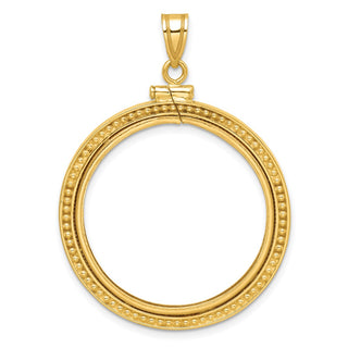14k Yellow Gold Polished Beaded 27mm Screw Top Coin Bezel Pendant - Fits 1/2 oz American Eagle, US $10 Liberty, and Other Coins