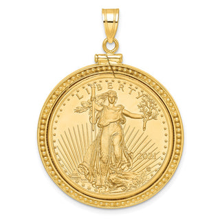 14k Yellow Gold Polished and Beaded Mounted 1/2oz American Eagle Screw Top Coin Bezel Pendant