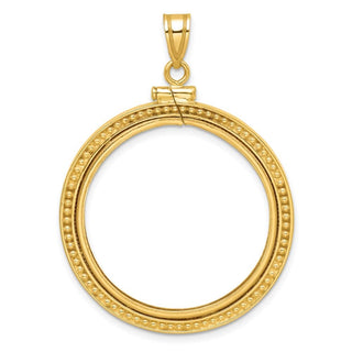 10k Yellow Gold Polished and Beaded 27.0mm x 2.35mm Screw Top Coin Bezel Pendant - Fits 1/2 oz American Eagle, US $10 Liberty, and Other Coins