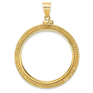 14k Yellow Gold Polished Beaded 32.7mm Screw Top Coin Bezel Pendant - Fits 1 oz American Eagle, 1 oz Cat, and 1 oz Krugerrand