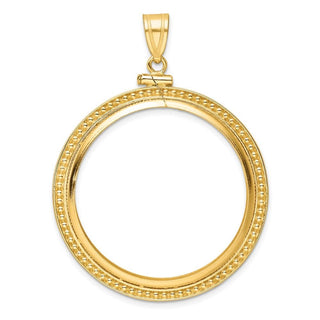 10k Yellow Gold Polished and Beaded 32.7mm x 3.00mm Screw Top Coin Bezel Pendant - Fits 1 oz American Eagle, 1 oz Cat, and 1 oz Krugerrand