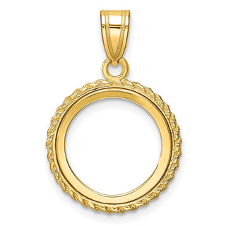 14k Yellow Gold Casted Rope 14mm Prong Coin Bezel Pendant - Fits 1/20 oz Maple Leaf and Other Coins