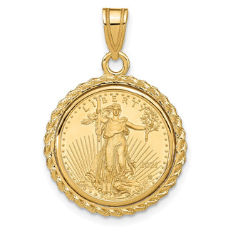 14k Yellow Gold Polished with Casted Rope Mounted 1/10oz American Eagle Prong Coin Bezel Pendant