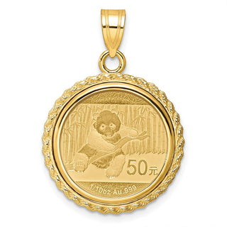 14k Yellow Gold Polished with Casted Rope Mounted 1/10oz Panda Prong Coin Bezel Pendant