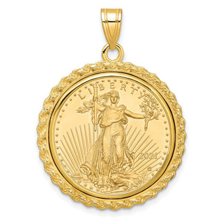 14k Yellow Gold Polished with Casted Rope Mounted 1/4oz American Eagle Prong Coin Bezel Pendant