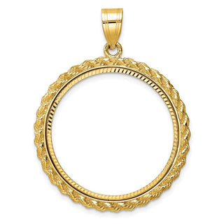 10k Yellow Gold Polished and Diamond-cut with Casted Rope 27.0mm Prong Coin Bezel Pendant - Fits 1/2 oz American Eagle, US $10 Liberty, and Other Coins