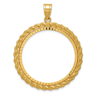 10k Yellow Gold Polished and Diamond-cut with Casted Rope 32.7mm Prong Coin Bezel Pendant - Fits 1 oz American Eagle, 1 oz Cat, and 1 oz Krugerrand