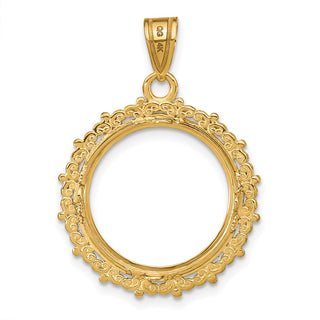 14k Yellow Gold Polished Fancy 16.5mm Prong Coin Bezel Pendant - Fits 1/10 oz American Eagle and 1/10 oz Krugerrand