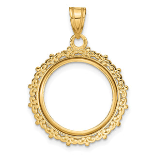 14k Yellow Gold Polished Fancy 16.5mm Prong Coin Bezel Pendant - Fits 1/10 oz American Eagle and 1/10 oz Krugerrand