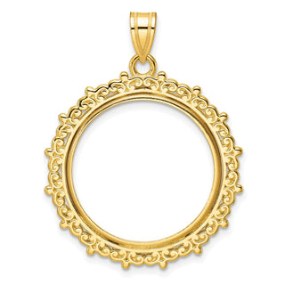 14k Yellow Gold Polished Fancy 22mm Prong Coin Bezel Pendant - Fits 1/4 oz American Eagle and Other Coins