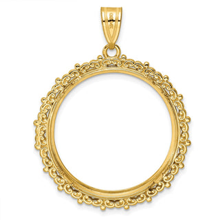 14k Yellow Gold Polished Fancy 27mm Prong Coin Bezel Pendant - Fits 1/2 oz American Eagle, US $10 Liberty, and Other Coins