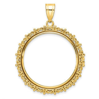 14k Yellow Gold Polished Fancy 27mm Prong Coin Bezel Pendant - Fits 1/2 oz American Eagle, US $10 Liberty, and Other Coins