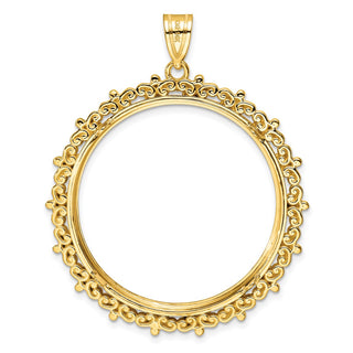 14k Yellow Gold Polished Fancy 32.7mm Prong Coin Bezel Pendant - Fits 1 oz American Eagle, 1 oz Cat, and 1 oz Krugerrand