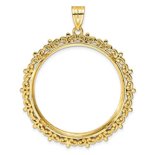 14k Yellow Gold Polished Fancy 32.7mm Prong Coin Bezel Pendant - Fits 1 oz American Eagle, 1 oz Cat, and 1 oz Krugerrand