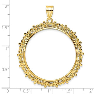 14k Yellow Gold Polished Fancy 32.7mm Prong Coin Bezel Pendant - Fits 1 oz American Eagle, 1 oz Cat, and 1 oz Krugerrand