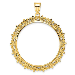 14k Yellow Gold Polished Fancy 32.7mm Prong Coin Bezel Pendant - Fits 1 oz American Eagle, 1 oz Cat, and 1 oz Krugerrand