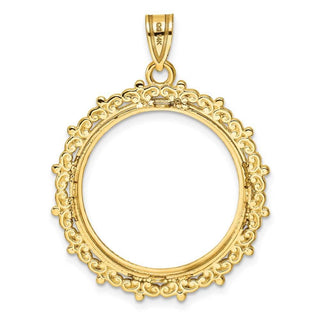 14k Polished and Diamond-cut Fancy 22.0mm Prong Coin Bezel Pendant - Fits 1/4 oz American Eagle and Other Coins