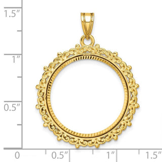 14k Polished and Diamond-cut Fancy 22.0mm Prong Coin Bezel Pendant - Fits 1/4 oz American Eagle and Other Coins