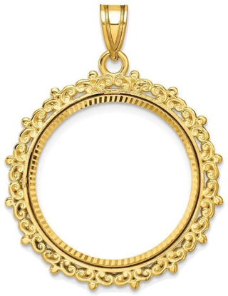 14k Polished and Diamond-cut Fancy 22.0mm Prong Coin Bezel Pendant - Fits 1/4 oz American Eagle and Other Coins