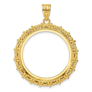 14k Yellow Gold Fancy 27mm Diamond-cut Prong Coin Bezel Pendant - Fits 1/2 oz American Eagle, US $10 Liberty, and Other Coins
