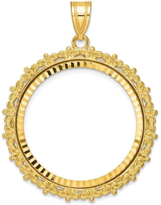 14k Yellow Gold Fancy 27mm Diamond-cut Prong Coin Bezel Pendant - Fits 1/2 oz American Eagle, US $10 Liberty, and Other Coins