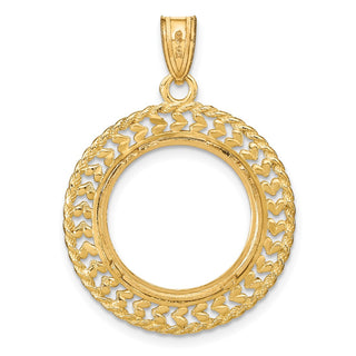 14k Yellow Gold Polished and Diamond-cut Heart and Rope 16.5mm Prong Coin Bezel Pendant