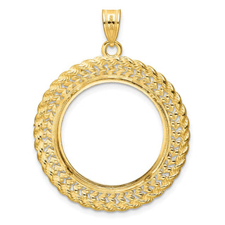 14k Yellow Gold Fancy Heart and Rope 22mm Diamond-Cut Prong Coin Bezel Pendant - Fits 1/4 oz American Eagle and Other Coins