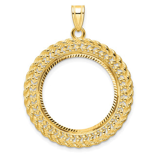 14k Yellow Gold Fancy Heart and Rope 22mm Diamond-Cut Prong Coin Bezel Pendant - Fits 1/4 oz American Eagle and Other Coins