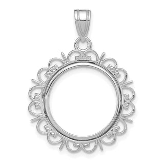 14k White Gold Polished Fancy Prong 16.5mm Coin Bezel Pendant - Fits 1/10 oz American Eagle and 1/10 oz Krugerrand