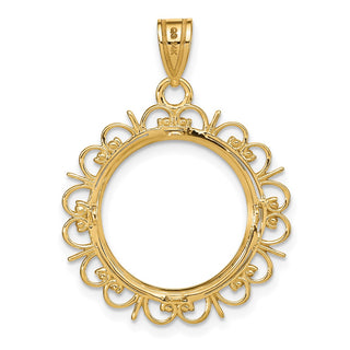 14k Yellow Gold Fancy 16.5mm Prong Coin Bezel Pendant - Fits 1/10 oz American Eagle and 1/10 oz Krugerrand