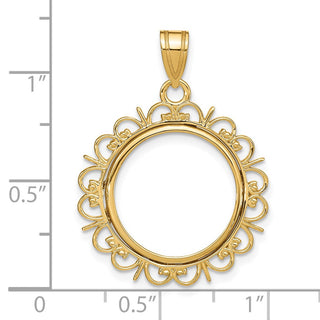 14k Yellow Gold Fancy 16.5mm Prong Coin Bezel Pendant - Fits 1/10 oz American Eagle and 1/10 oz Krugerrand