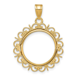 14k Yellow Gold Fancy 16.5mm Prong Coin Bezel Pendant - Fits 1/10 oz American Eagle and 1/10 oz Krugerrand