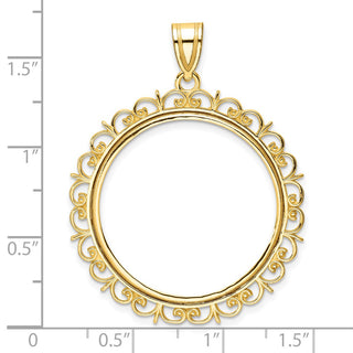 14k Yellow Gold Fancy 27mm Prong Coin Bezel Pendant - Fits 1/2 oz American Eagle, US $10 Liberty, and Other Coins