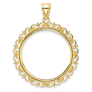 14k Yellow Gold Fancy 27mm Prong Coin Bezel Pendant - Fits 1/2 oz American Eagle, US $10 Liberty, and Other Coins