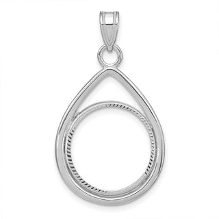 14k White Gold Polished and Diamond-cut Teardrop 16.5mm Prong Coin Bezel Pendant