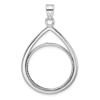 14k White Gold Polished and Diamond-cut Teardrop 22.0mm Prong Coin Bezel Pendant