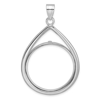14k White Gold Polished Lightweight Tear Drop Prong 27.0mm Coin Bezel Pendant - Fits 1/2 oz American Eagle, US $10 Liberty, and Other Coins