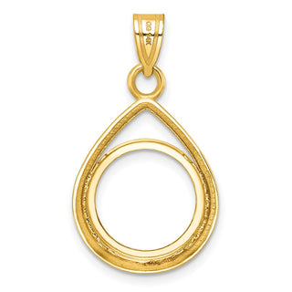 14k Yellow Gold Polished Lightweight Teardrop 14mm Prong Coin Bezel Pendant - Fits 1/20 oz Maple Leaf and Other Coins