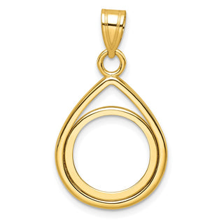 14k Yellow Gold Polished Lightweight Teardrop 14mm Prong Coin Bezel Pendant - Fits 1/20 oz Maple Leaf and Other Coins