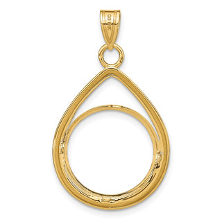 14k Yellow Gold Polished Lightweight Teardrop 16.5mm Prong Coin Bezel Pendant - Fits 1/10 oz American Eagle and 1/10 oz Krugerrand