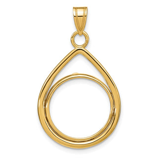 14k Yellow Gold Polished Lightweight Teardrop 16.5mm Prong Coin Bezel Pendant - Fits 1/10 oz American Eagle and 1/10 oz Krugerrand