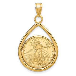 14k Yellow Gold Polished Lightweight Teardrop Mounted 1/10oz American Eagle Prong Coin Bezel Pendant