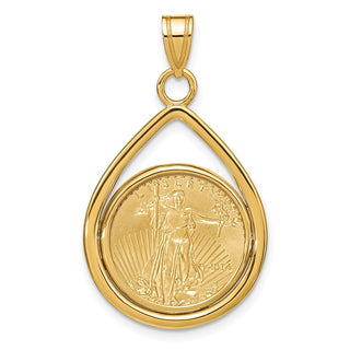 14k Yellow Gold Polished Lightweight Teardrop Mounted 1/10oz American Eagle Prong Coin Bezel Pendant
