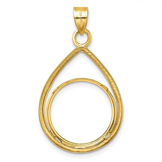 14k Yellow Gold Polished Lightweight Teardrop 18mm Prong Coin Bezel Pendant - Fits 1/10 oz Cat, 1/10 oz Panda, and Other Coins