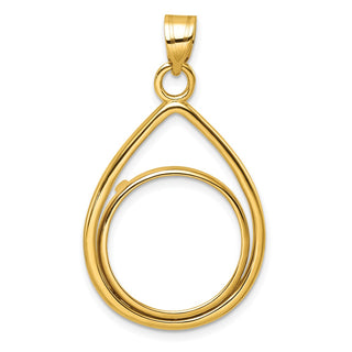 14k Yellow Gold Polished Lightweight Teardrop 18mm Prong Coin Bezel Pendant - Fits 1/10 oz Cat, 1/10 oz Panda, and Other Coins