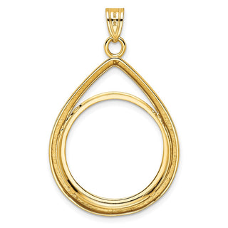 14k Yellow Gold Polished Lightweight Teardrop 22mm Prong Coin Bezel Pendant - Fits 1/4 oz American Eagle and Other Coins